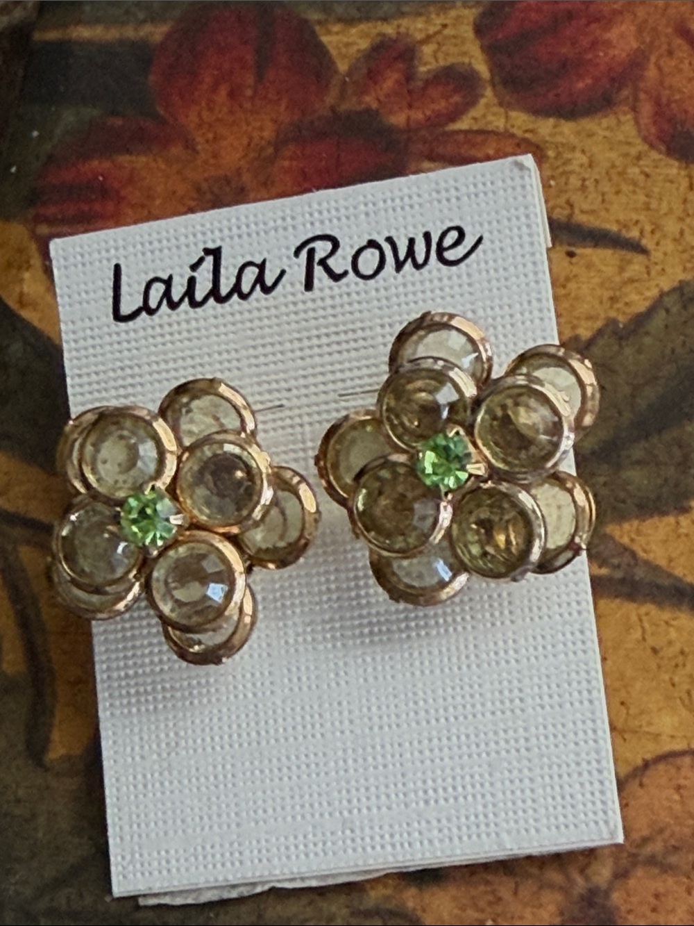 Gold Floral Stud Earrings  Green Center light yellow crystal enclosed in gold